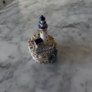 Mini Nautical Lighthouse Figurine in White and Navy